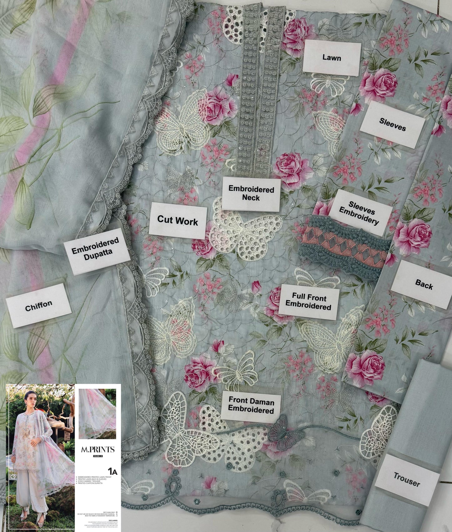 Maria b M-prints 1A butterfly printed lawn 3pc emb unstiched gray
