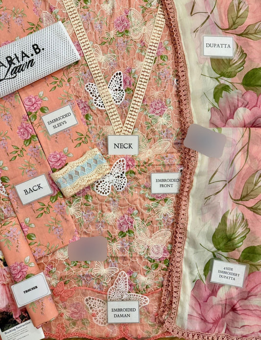 Maria b M-prints 1A butterfly printed lawn 3pc emb unstiched (Peachy pink)