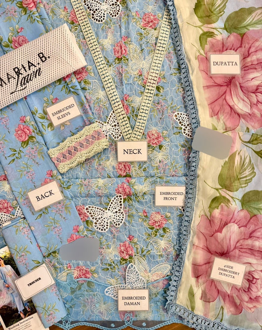 Maria b M-prints 1A butterfly printed lawn 3pc emb unstiched (Sky)