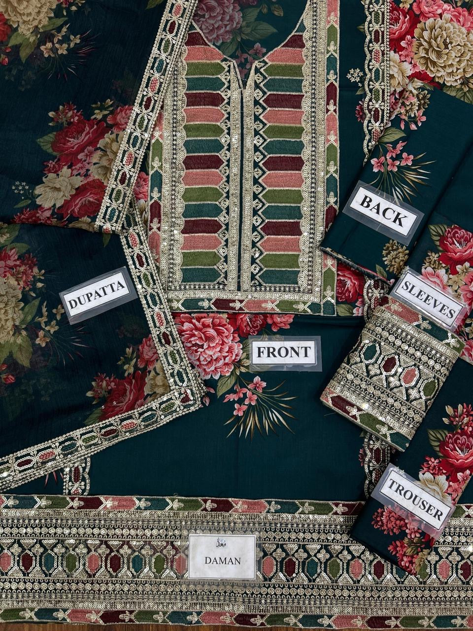 Sabyasachi teal blue printed emb lawn unstitched