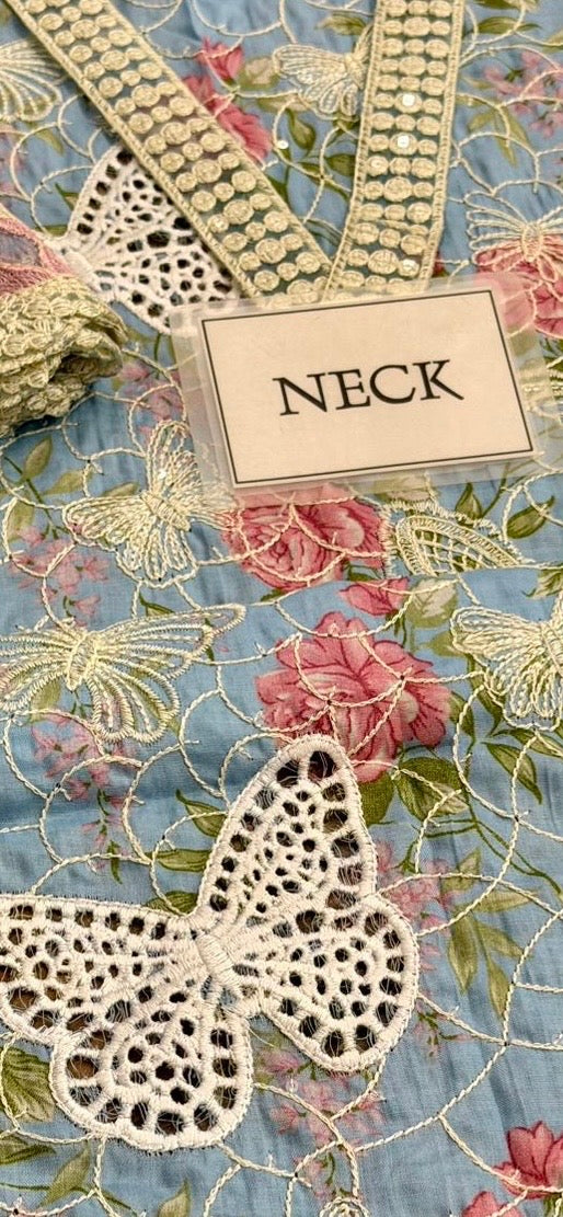 Maria b M-prints 1A butterfly printed lawn 3pc emb unstiched (Sky)