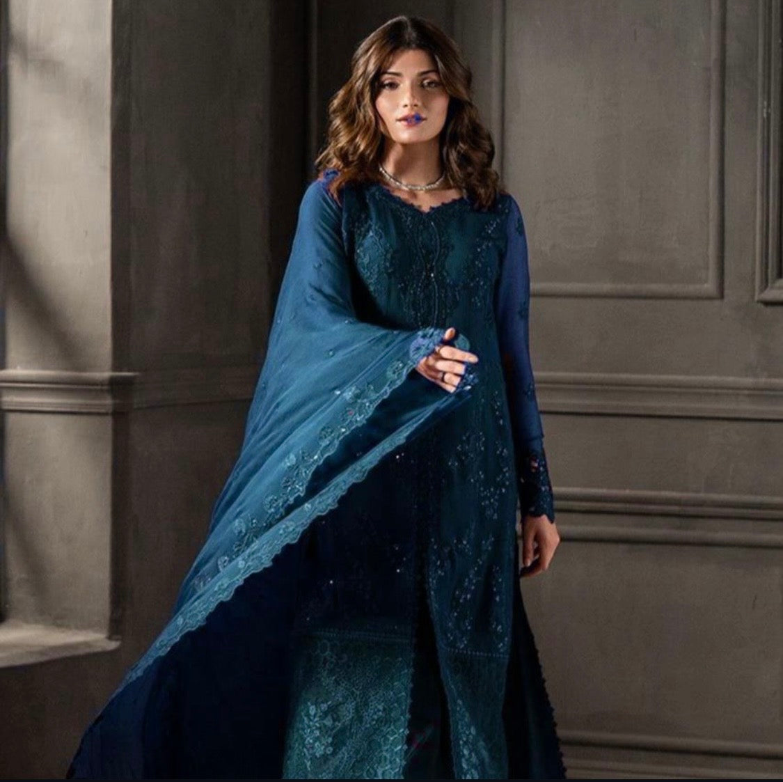 Azure blue-02 festive chiffon emb 3pc unstiched