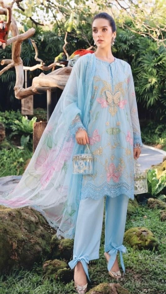 Maria b M-prints 1A butterfly printed lawn 3pc emb unstiched (Sky)