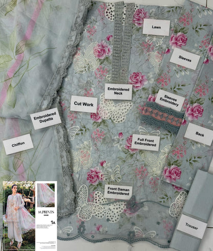 Maria b M-prints 1A butterfly printed lawn 3pc emb unstiched gray