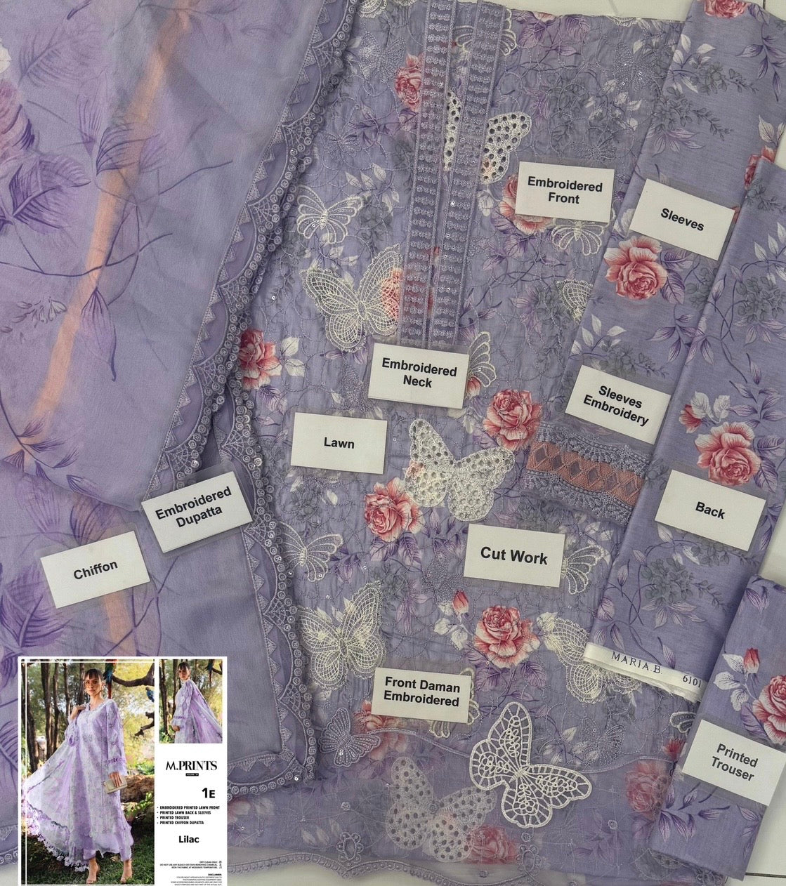 Maria b M-prints 1A butterfly printed lawn 3pc emb unstiched (Lilac)