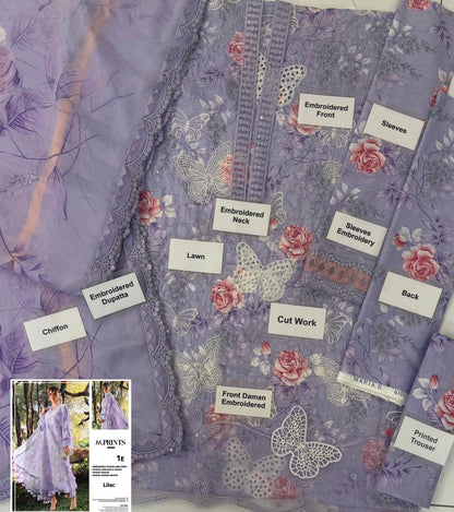 Maria b M-prints 1A butterfly printed lawn 3pc emb unstiched (Lilac)