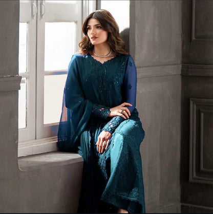 Azure blue-02 festive chiffon emb 3pc unstiched