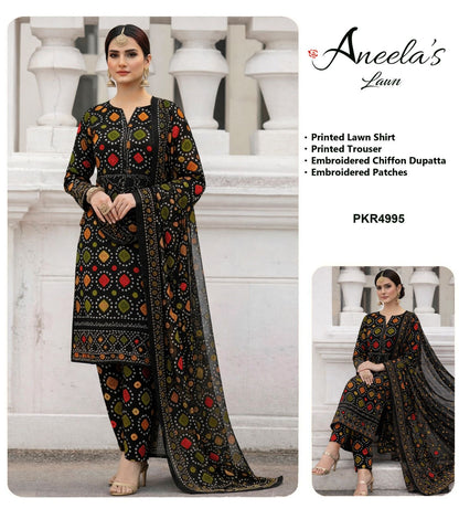 Aneelas chunri printed lawn 3pc emb unstiched (black/blue/green)