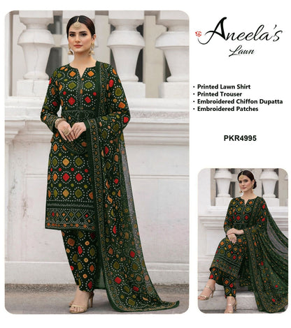 Aneelas chunri printed lawn 3pc emb unstiched (black/blue/green)