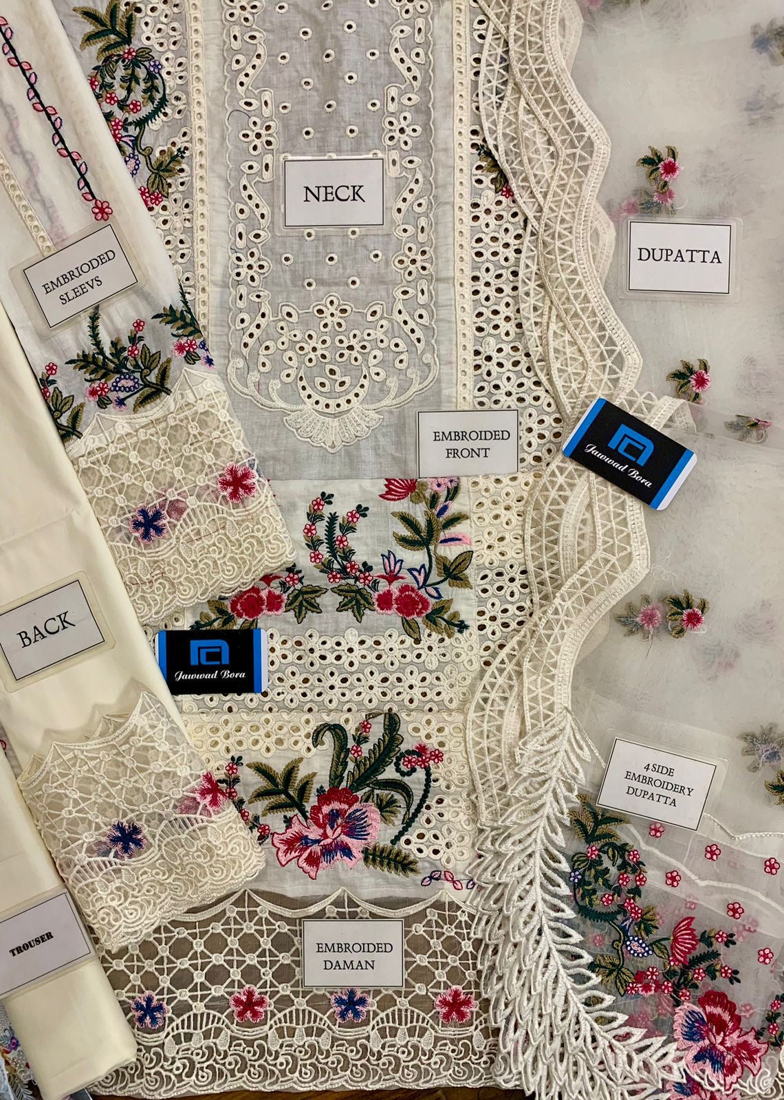 Qalamkar SELIN cream luxury lawn chickankari 3pc unstiched