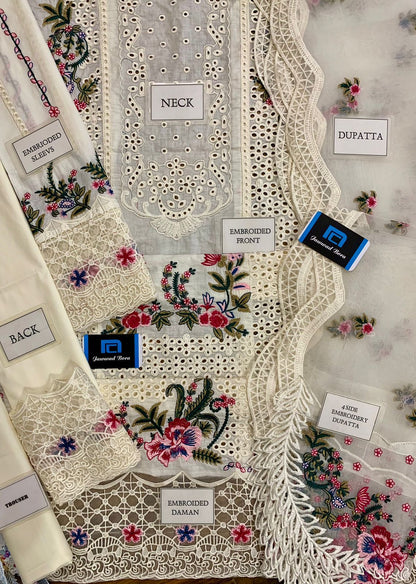 Qalamkar SELIN cream luxury lawn chickankari 3pc unstiched