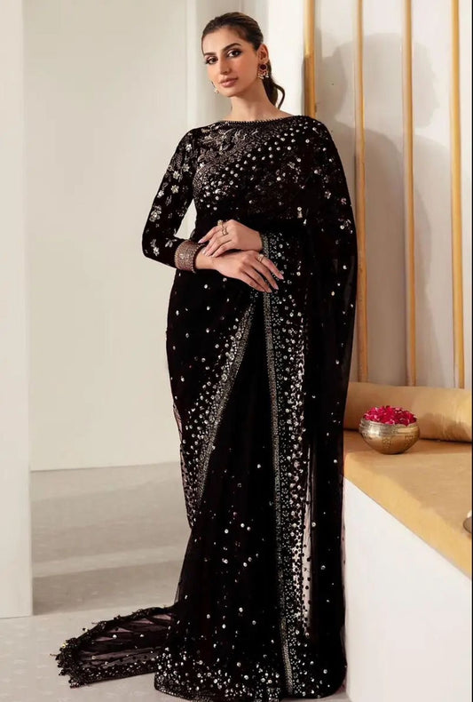 Jazmin black Saree Luxury net embroidered unstiched