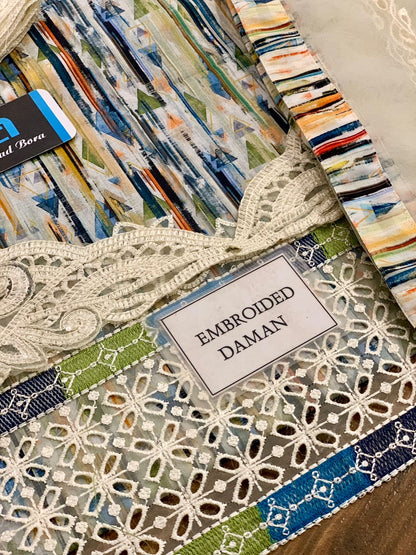 Iznik multi strips printed lawn 3pc emb unstiched