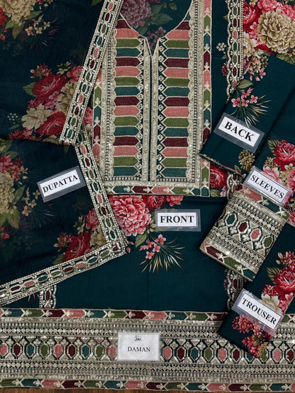 Sabyasachi teal blue printed emb lawn unstitched