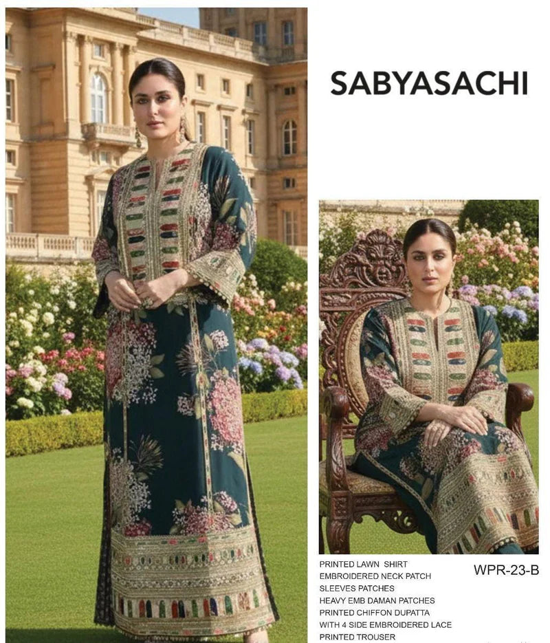 Sabyasachi teal blue printed emb lawn unstitched