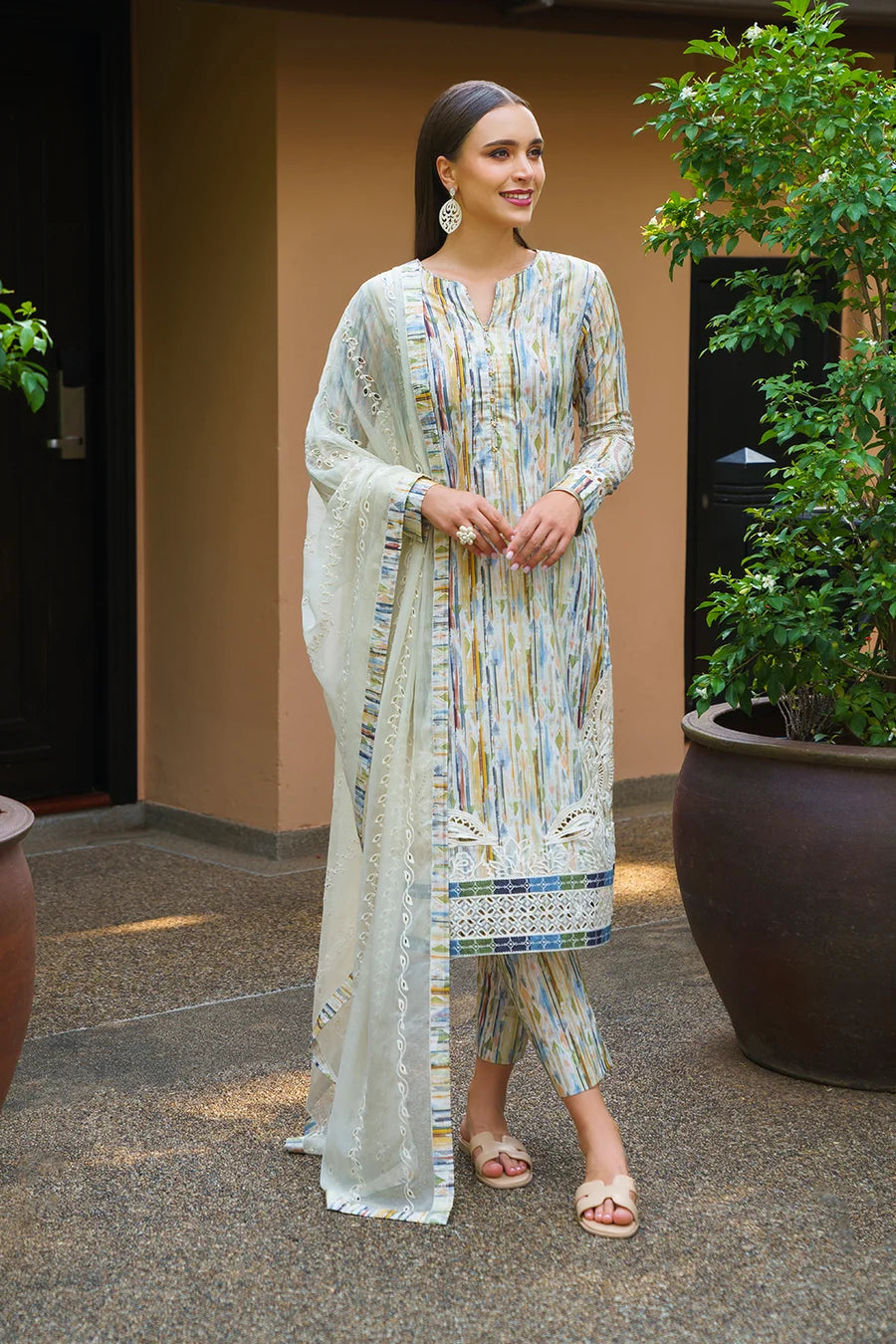 Iznik multi strips printed lawn 3pc emb unstiched