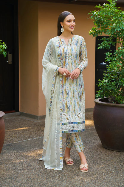 Iznik multi strips printed lawn 3pc emb unstiched