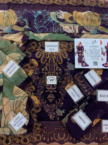 Ramsha purple printed lawn 3pc emb unstiched