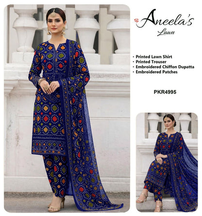 Aneelas chunri printed lawn 3pc emb unstiched (black/blue/green)