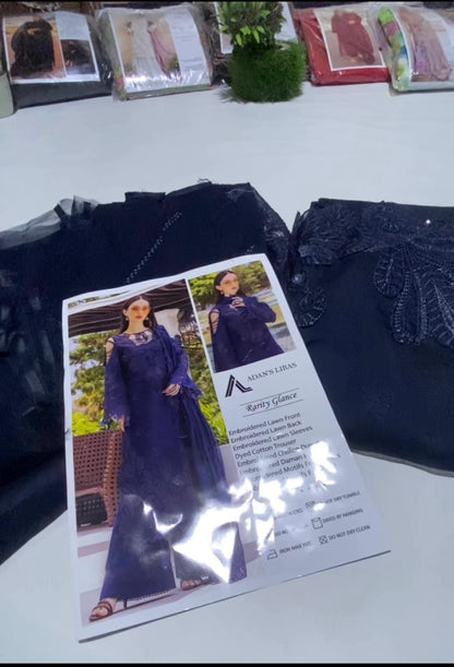 Adan libas Glance Blue luxury lawn chickankari 3pc emb unstiched