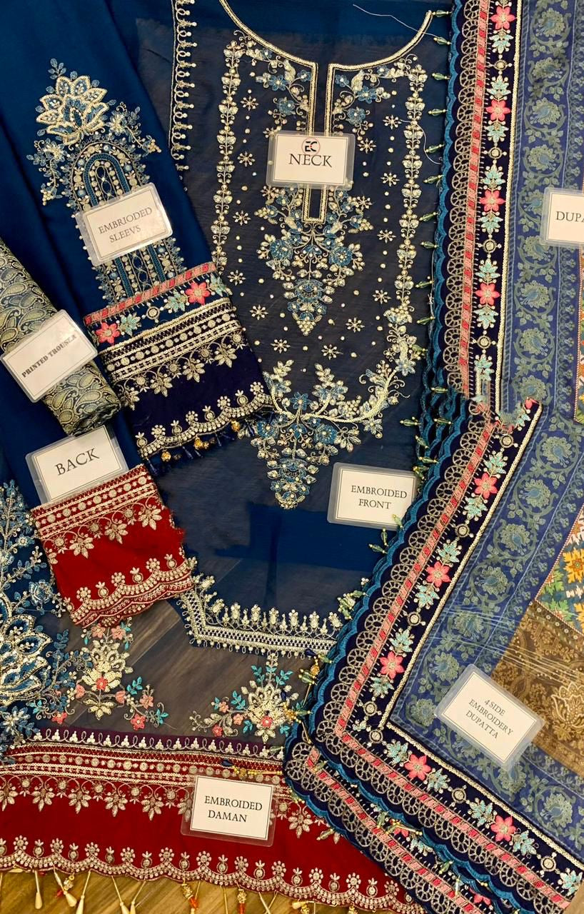 Maria b Blue chiffon luxury 3pc emb unstiched