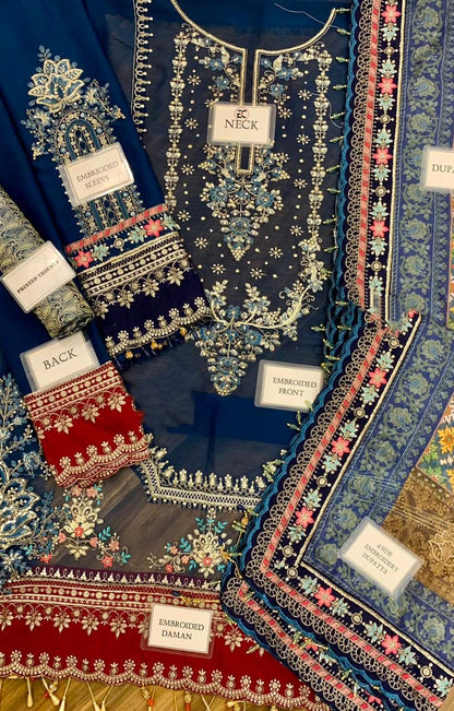 Maria b Blue chiffon luxury 3pc emb unstiched