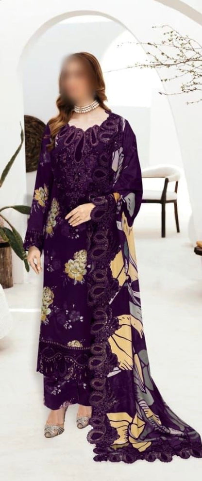 Ramsha purple printed lawn 3pc emb unstiched
