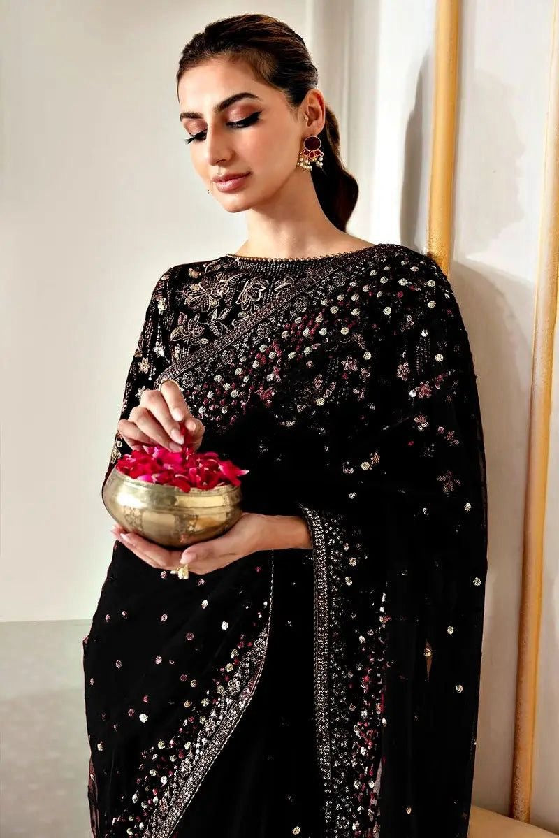 Jazmin black Saree Luxury net embroidered unstiched