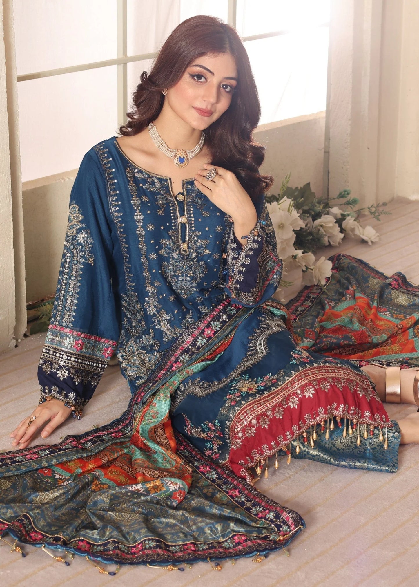 Maria b Blue chiffon luxury 3pc emb unstiched