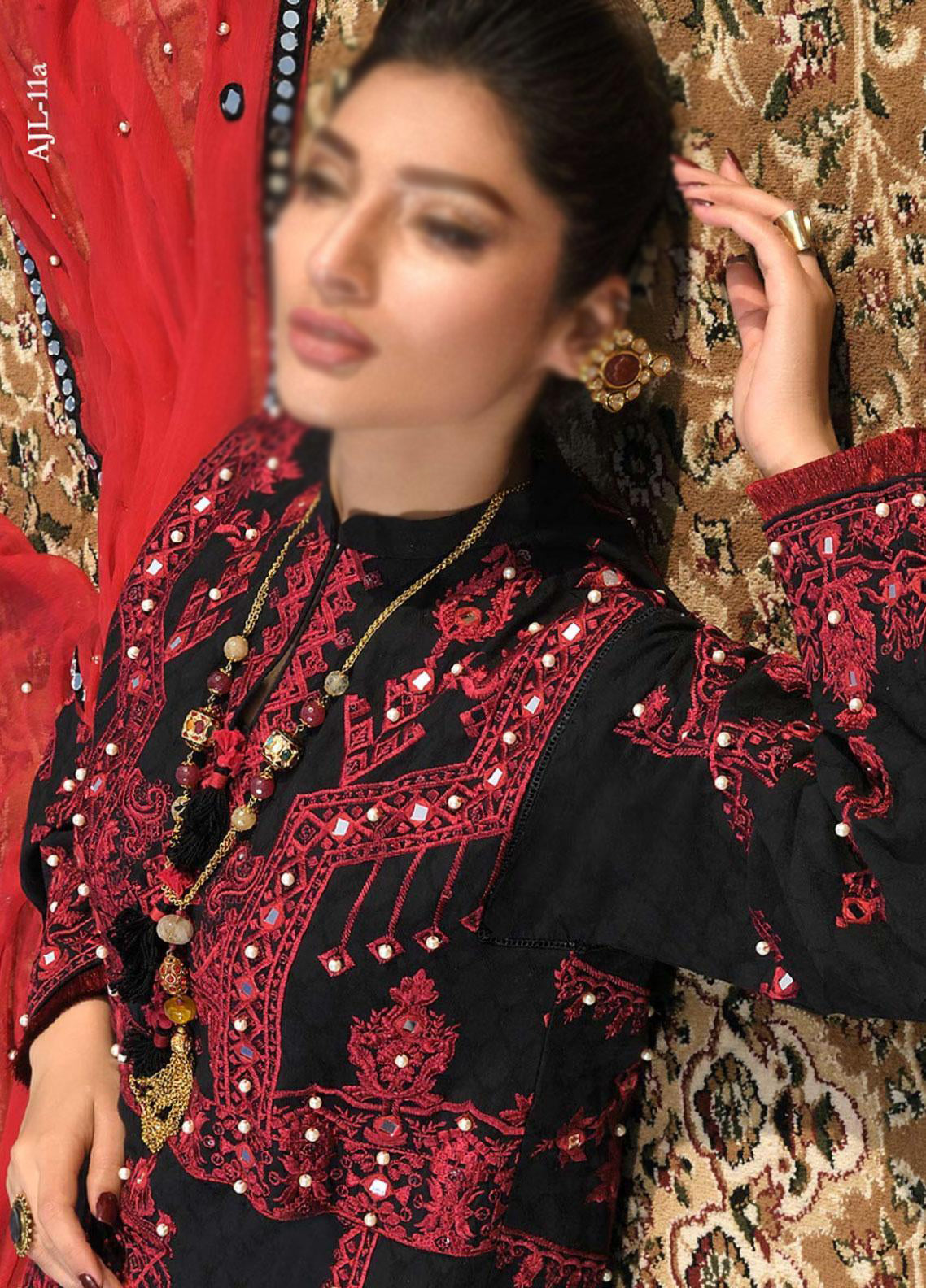 Asim Jofa Black And Red Luxury Lawn Collection AJL-11a Neelum Muneer