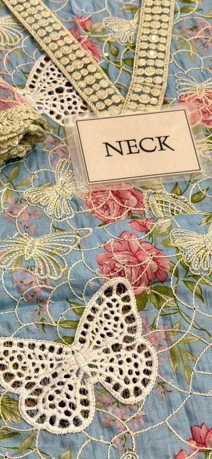 Maria b M-prints 1A butterfly printed lawn 3pc emb unstiched (Sky)