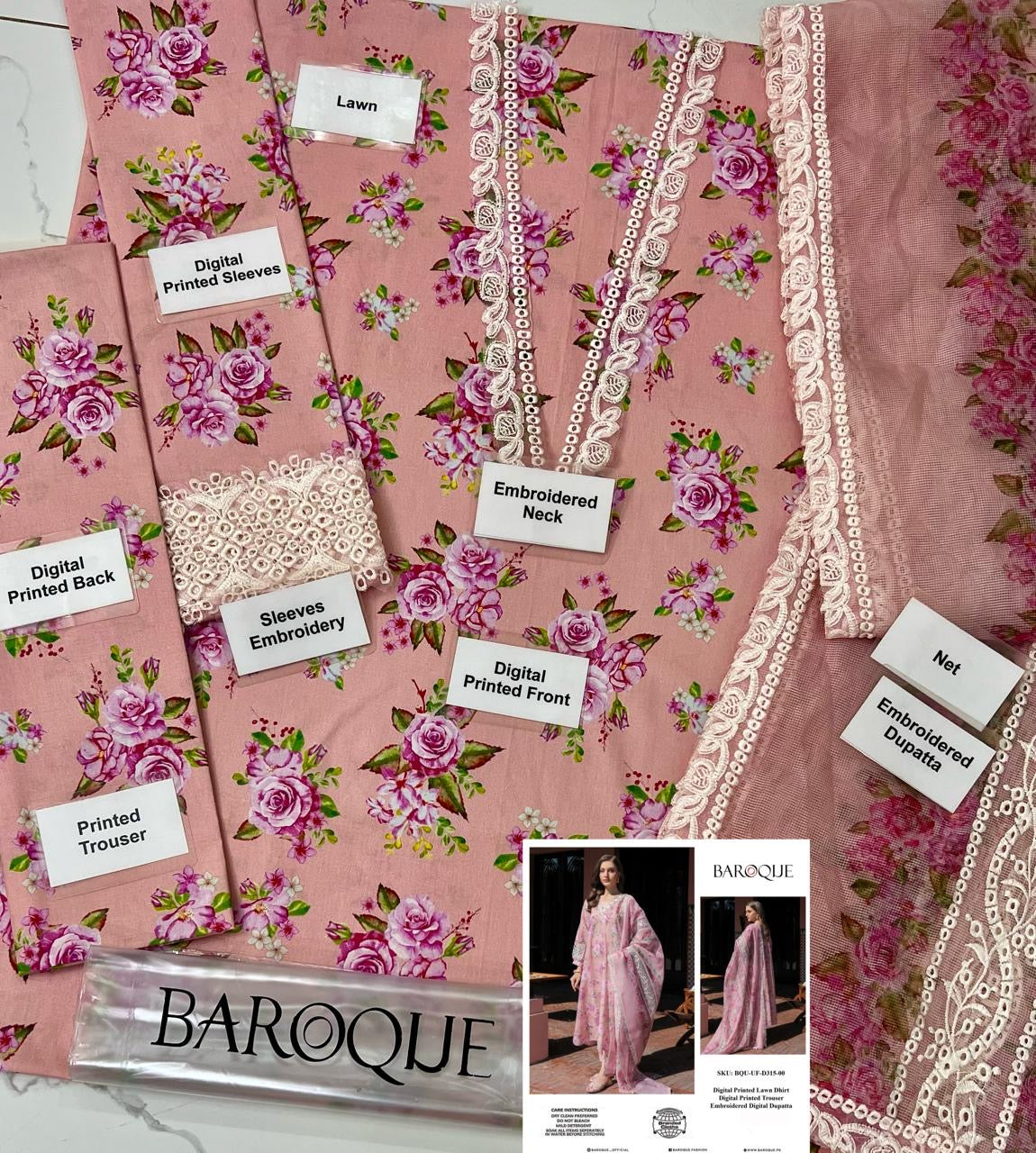 Baroque b-315 printed lawn 3pc emb unstiched