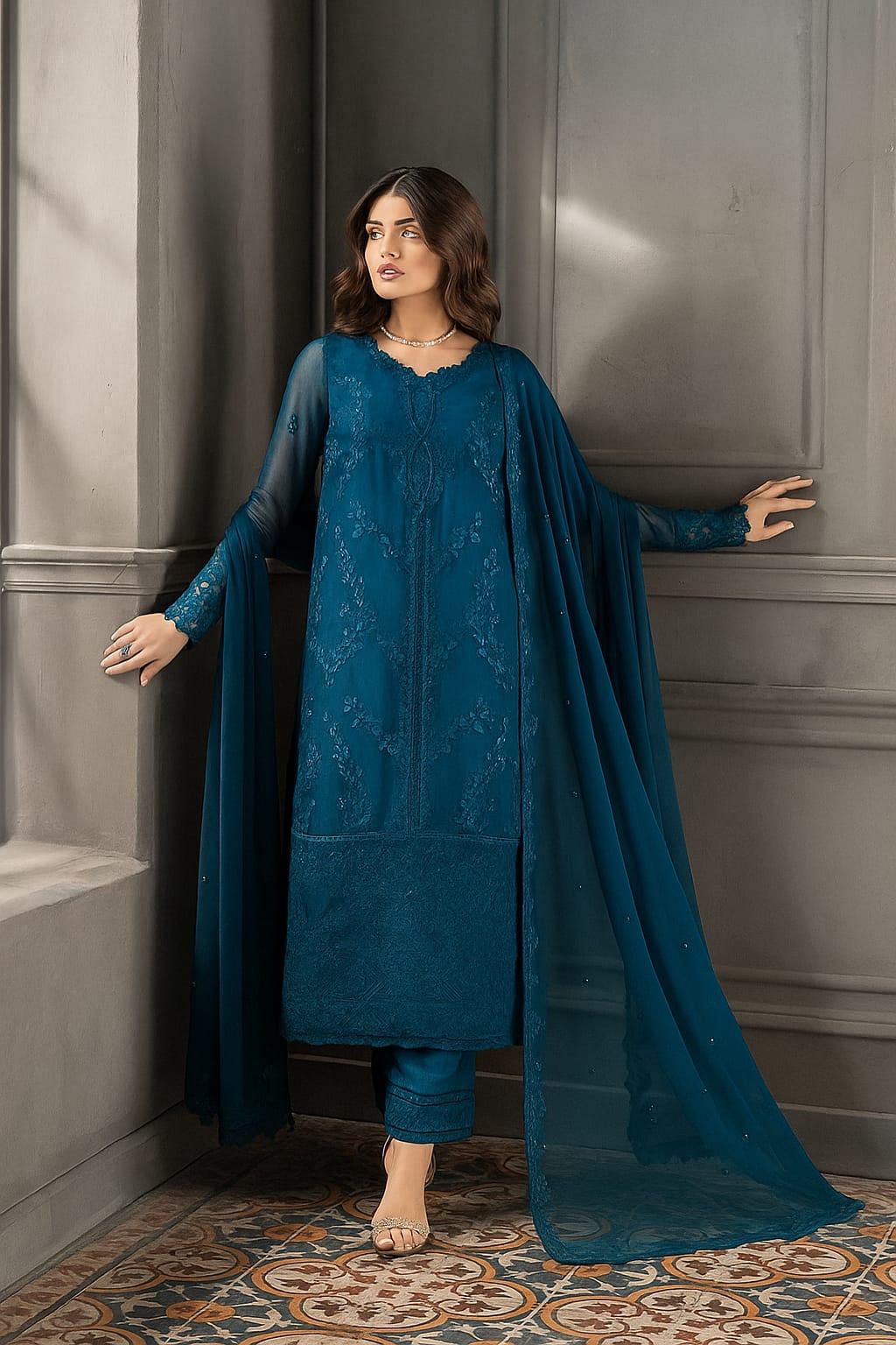 Azure blue-02 festive chiffon emb 3pc unstiched