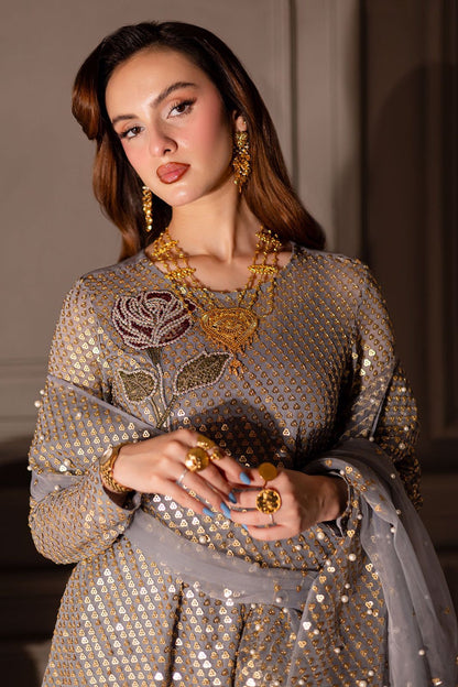 Nureh midnight twill sequins luxury chiffon 3pc emb unstiched