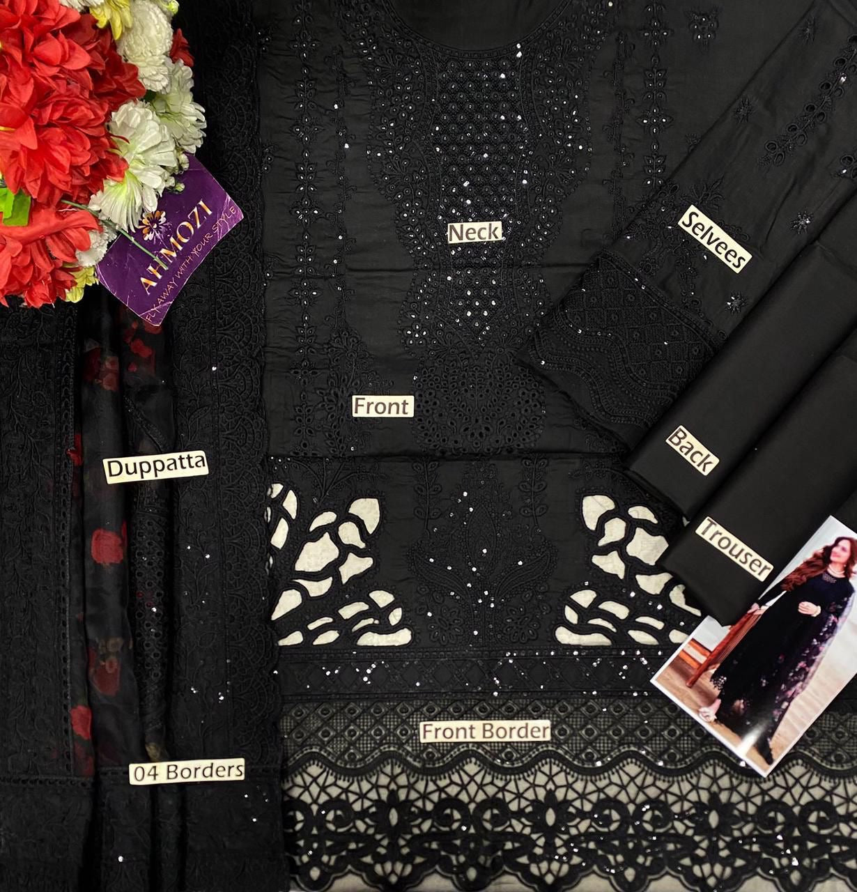 Nureh NE-151 Black luxury lawn Chikankari 3pc unstiched