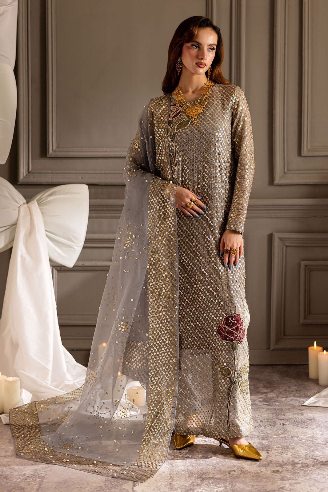 Nureh midnight twill sequins luxury chiffon 3pc emb unstiched