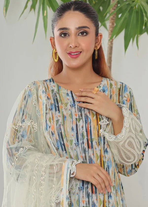 Iznik multi strips printed lawn 3pc emb unstiched