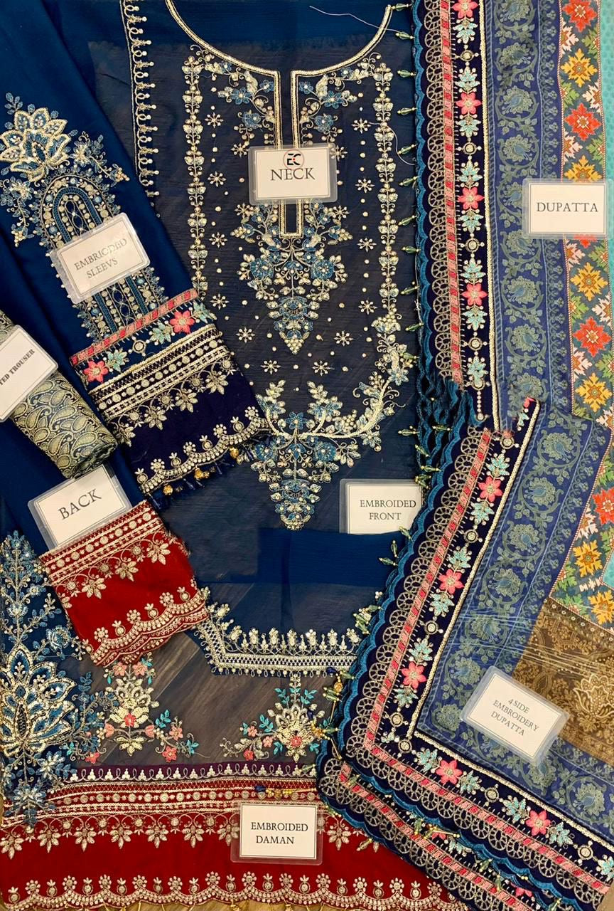 Maria b Blue chiffon luxury 3pc emb unstiched