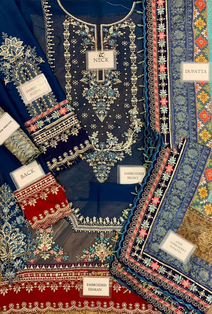 Maria b Blue chiffon luxury 3pc emb unstiched
