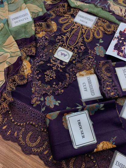 Ramsha purple printed lawn 3pc emb unstiched