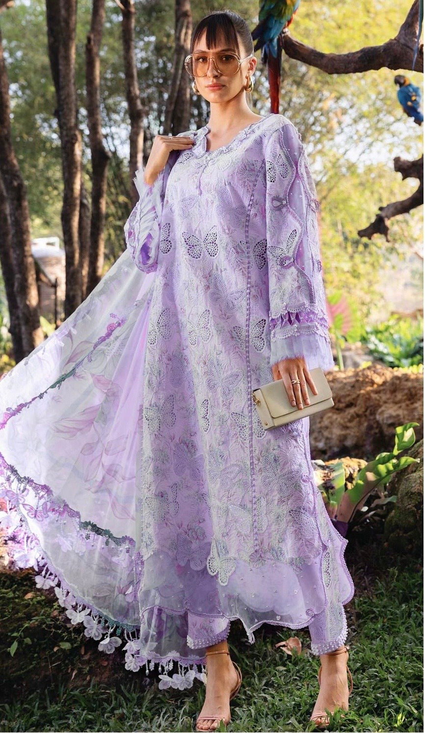 Maria b M-prints 1A butterfly printed lawn 3pc emb unstiched (Lilac)