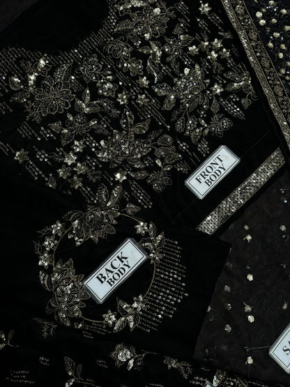 Jazmin black Saree Luxury net embroidered unstiched