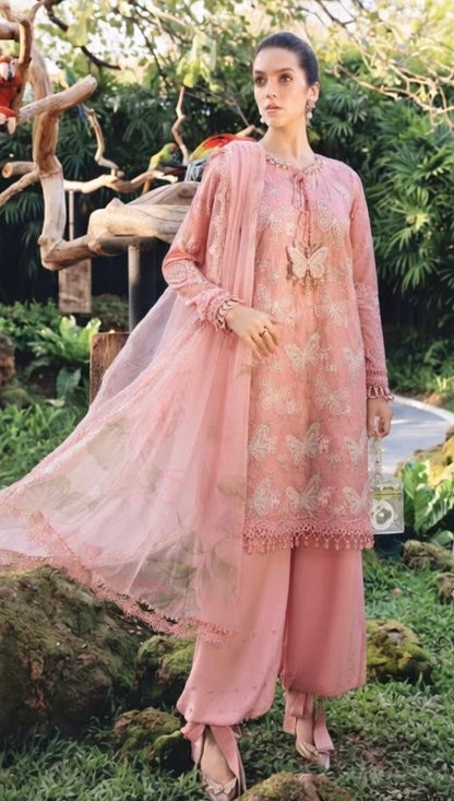 Maria b M-prints 1A butterfly printed lawn 3pc emb unstiched (Peachy pink)