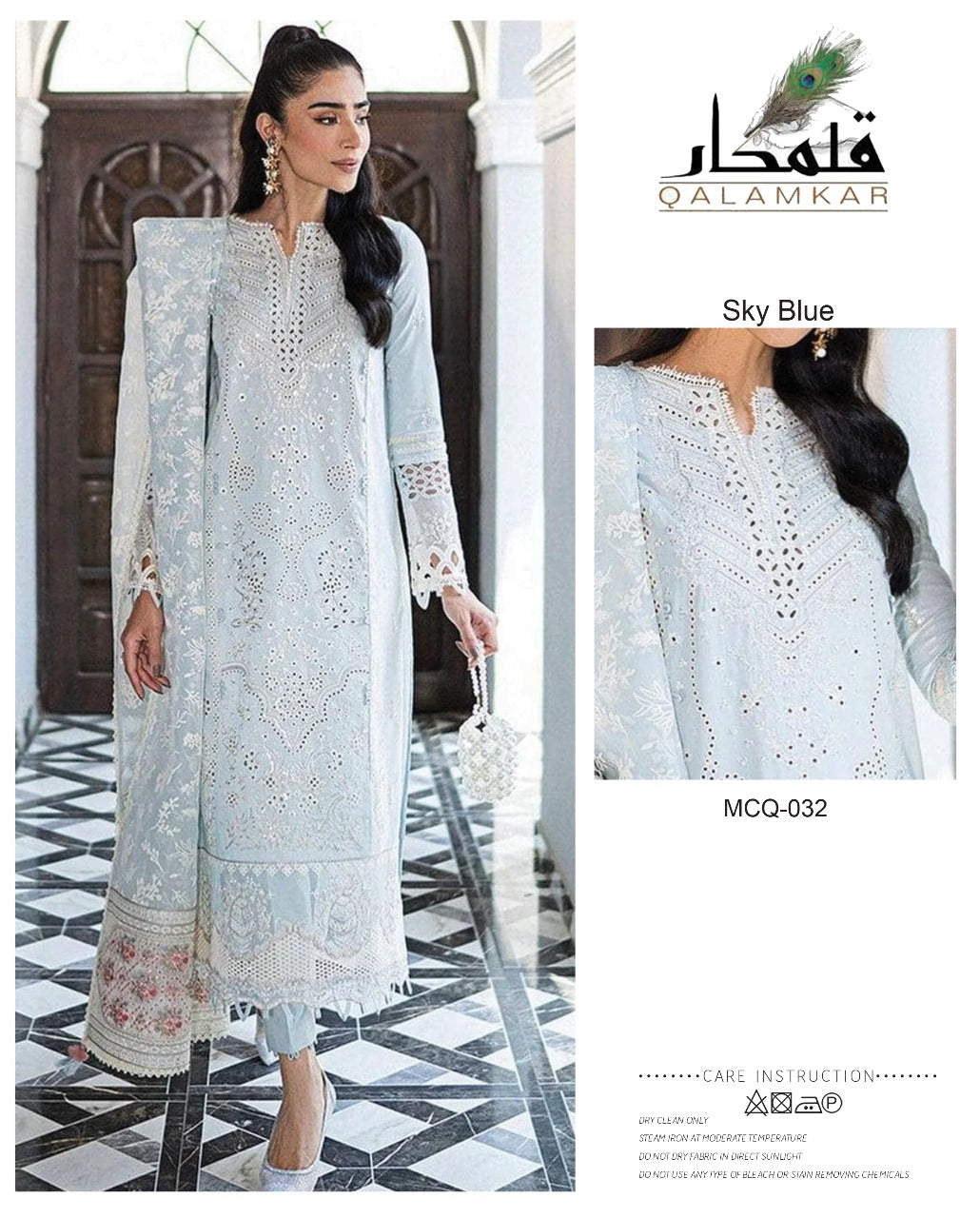 Qalamkar sky 032 Chickankari luxury lawn unstitched