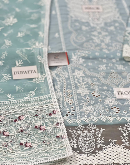 Qalamkar sky 032 Chickankari luxury lawn unstitched