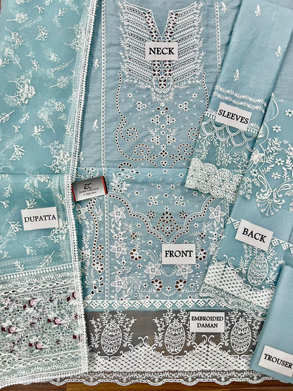 Qalamkar sky 032 Chickankari luxury lawn unstitched