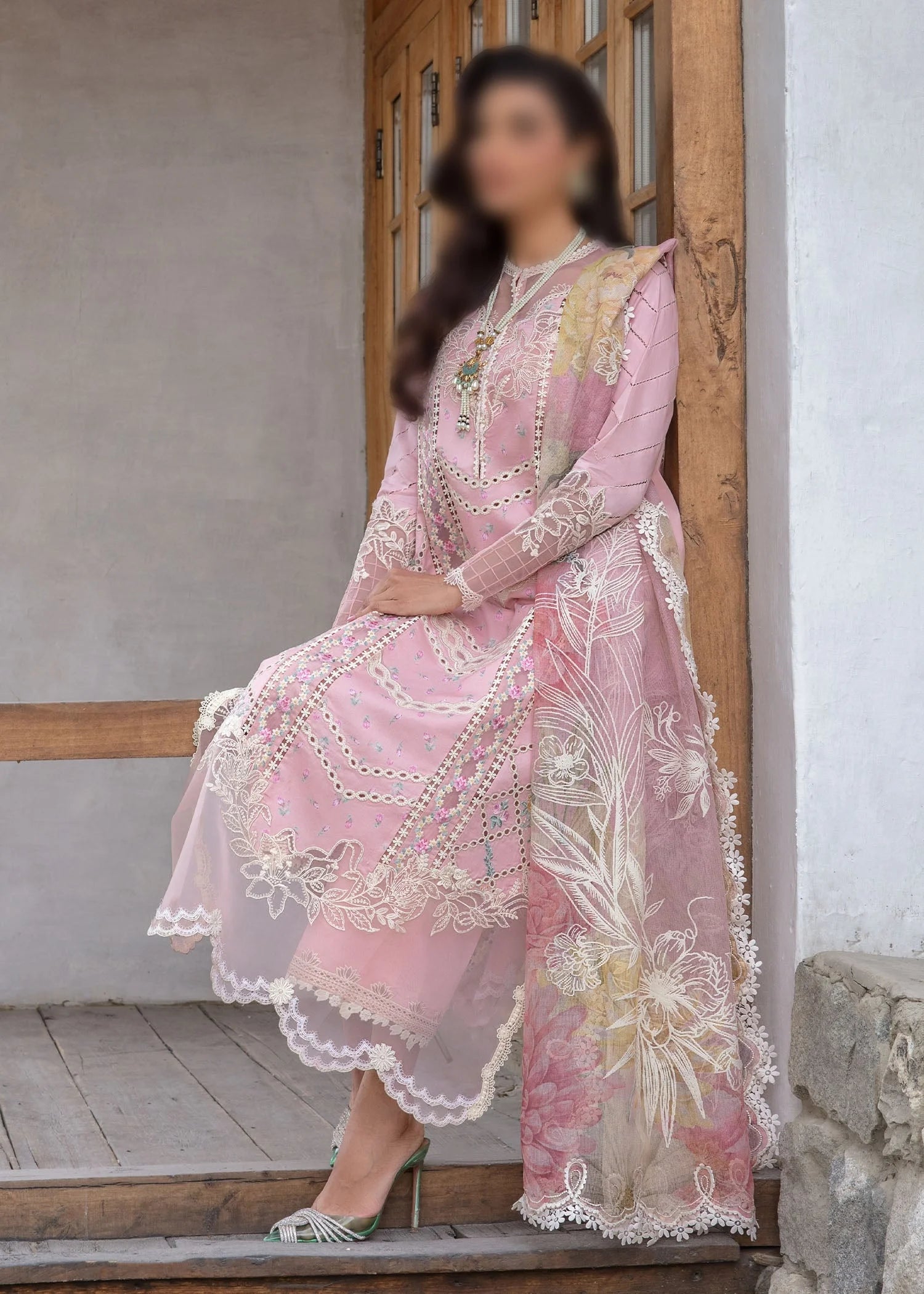 Crimson Lawn A Floral Mesh - Rose PinkQ D7-B