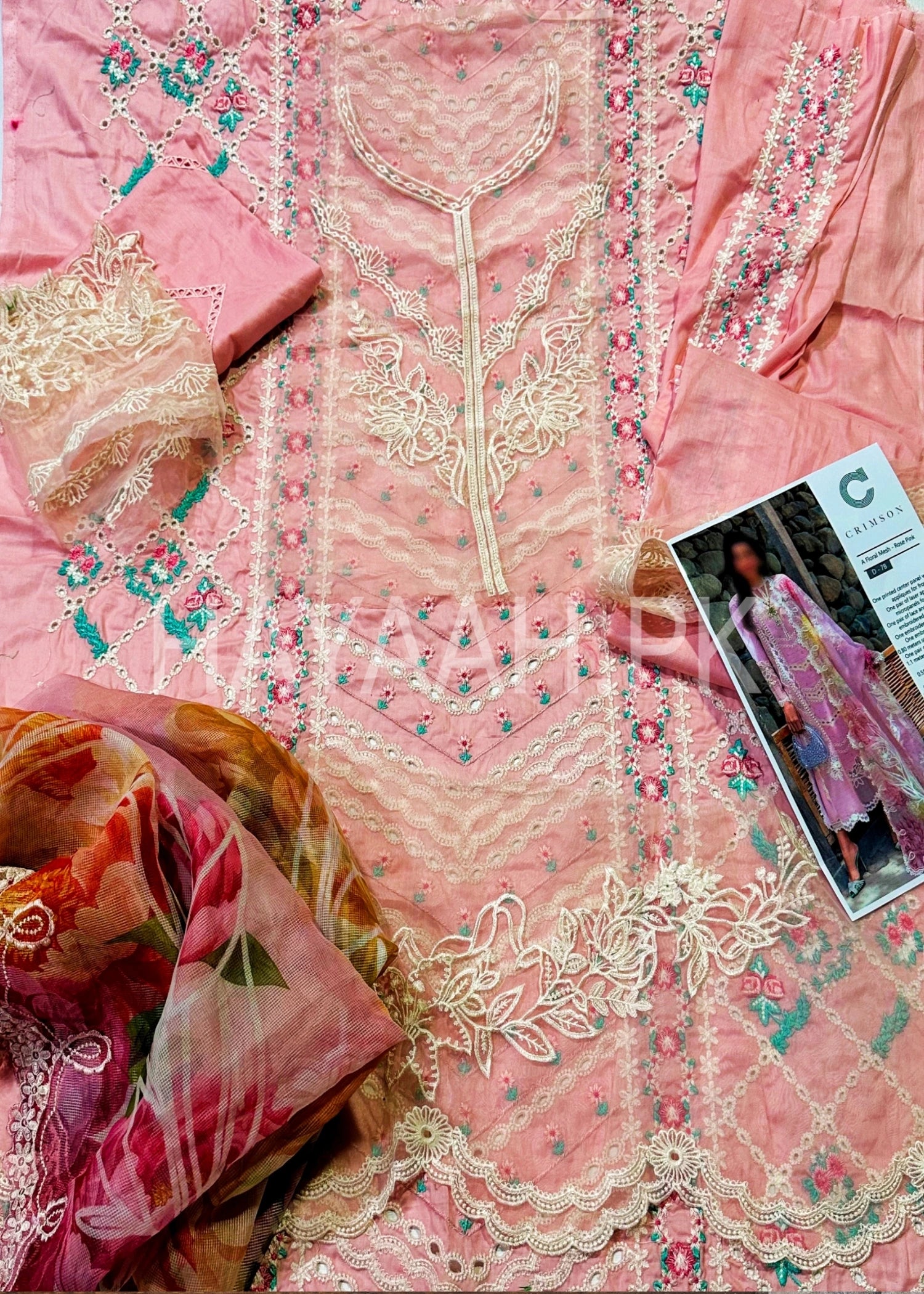 Crimson Lawn A Floral Mesh - Rose PinkQ D7-B